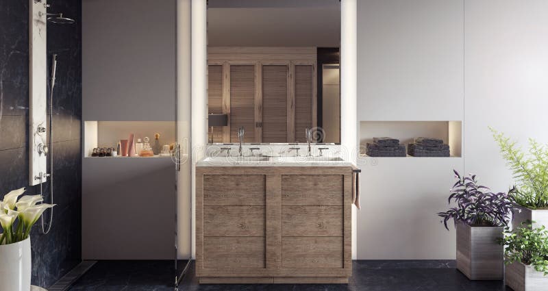 Modern design of bathroom with wooden vanity in the middle