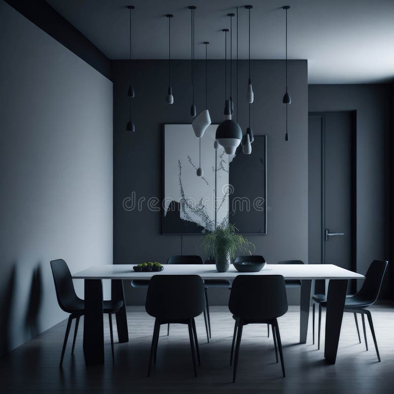 Dizajn z jedálenský, jedálenský stôl a stoličky pred stena dekoratívne umenie prvky,.