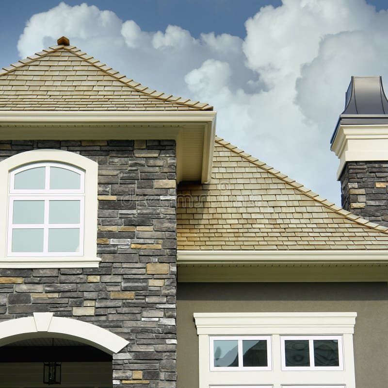 Home House Stucco Shake Siding Roofing Details Cloudy Sky Background