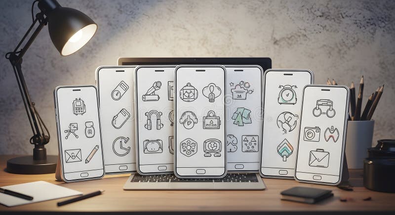 Desk setup with laptop and digital device mockups showcasing app icon designs royalty free illustration