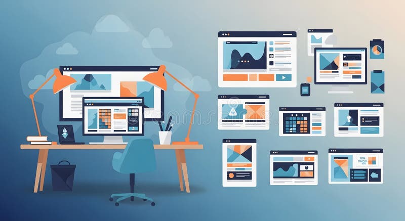 Modern Desk Setup with Website Mockups and Orange Lamps, Clean Design royalty free illustration