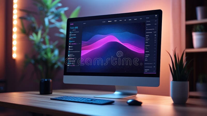 A modern desktop computer displays vibrant interface with parallax scrolling effects, surrounded by plants in cozy royalty free stock photography