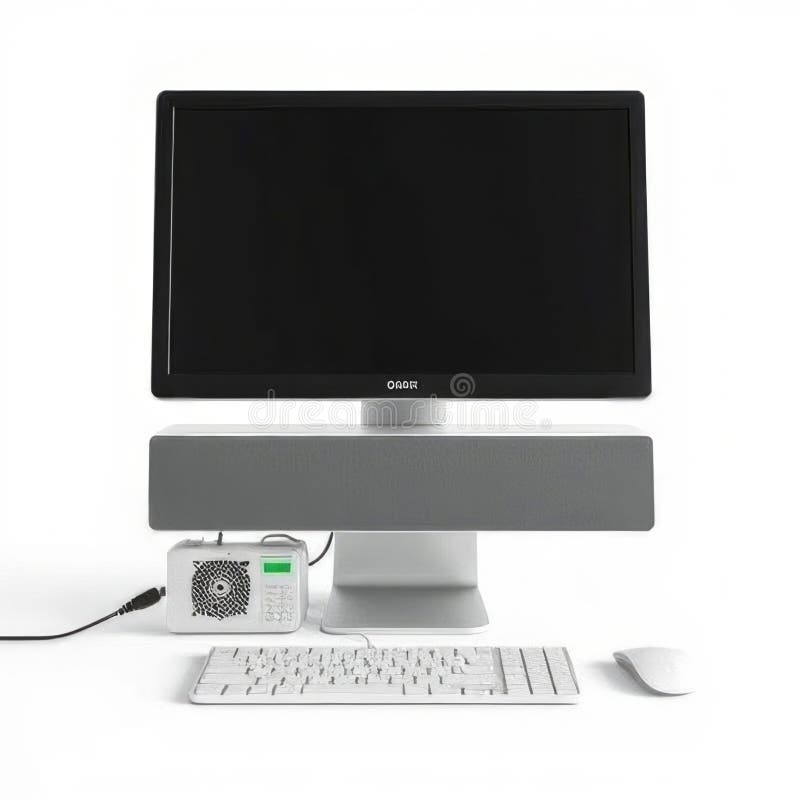 Modern Desktop Computer Setup with Monitor, Speaker Bar, and External Devices royalty free stock images