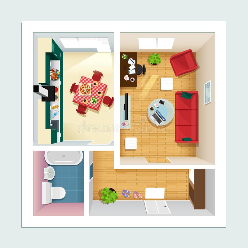 Modern detailed floor plan for apartment with kitchen, living room, bathroom and hall. Top view of apartment interior. royalty free illustration Modern detailed floor plan for apartment with kitchen, living room, bathroom and hall. Top view of apartment interior. royalty free illustration