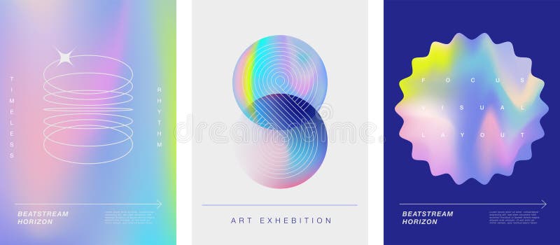 Modern digital art posters with abstract minimal holographic gradient shapes vector illustration