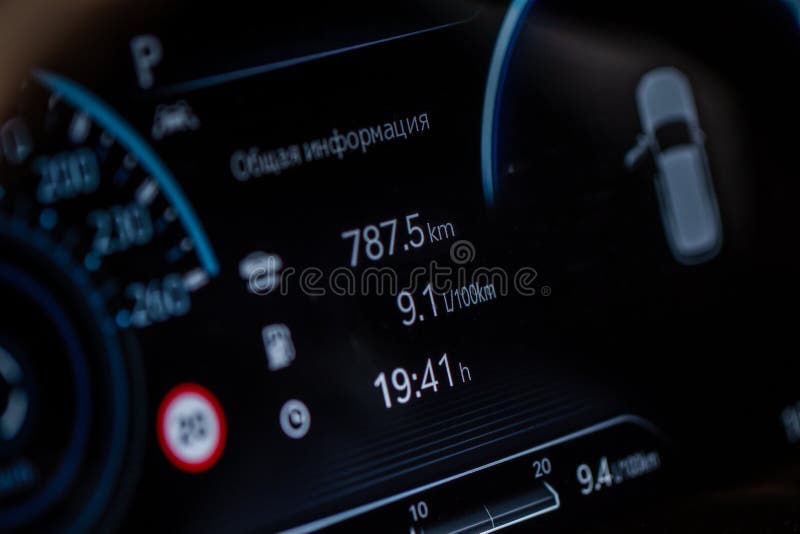 Modern Digital Car Mileage. Car Dashboard with Sensors and Information