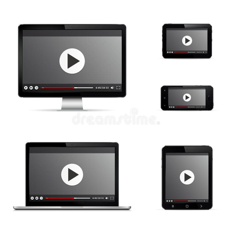 Modern digital devices with web video player on screen vector illustration Modern digital devices with web video player on screen vector illustration