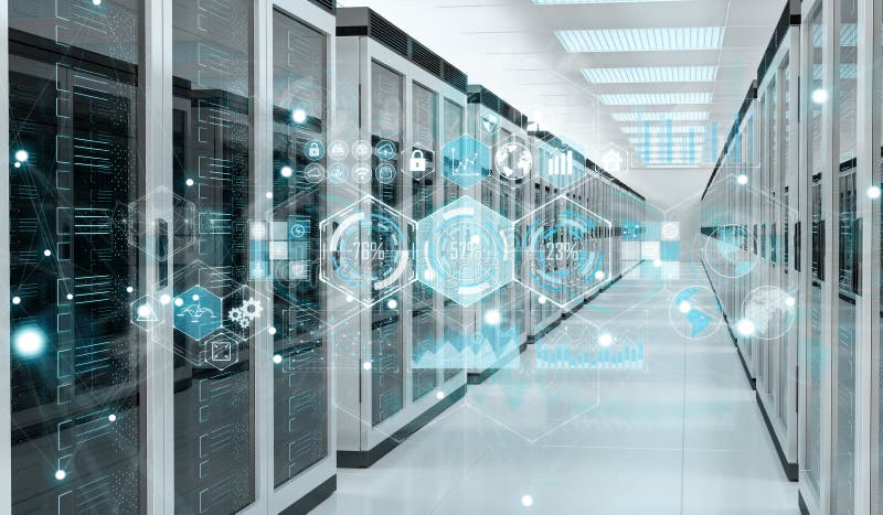 Graph holograms flying over server room data center 3D rendering stock illustration Graph holograms flying over server room data center 3D rendering stock illustration