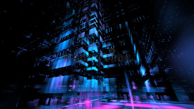 Modern digital technologies, cloud computing. Digital space, architecture design. Complex mathematical calculations in a digital stock illustration