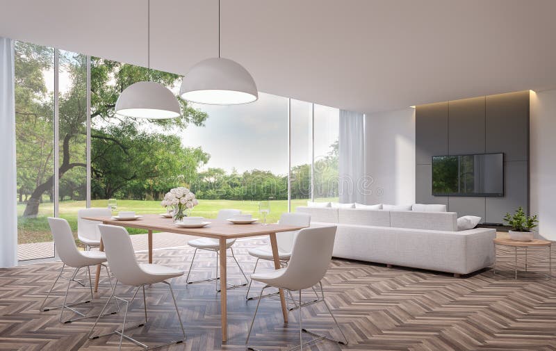 Modern dining and living room with garden view 3d rendering