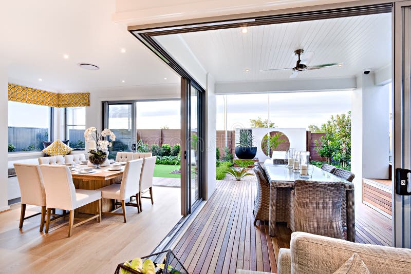 Modern dining room attached to outside patio area