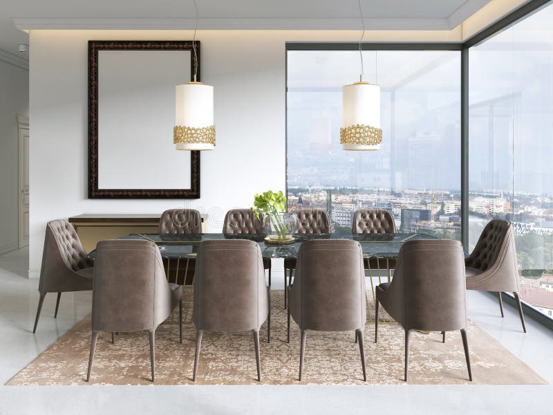 Modern dining room with hanging lamps on, there are chairs and table setup with fancy items on the marble floor