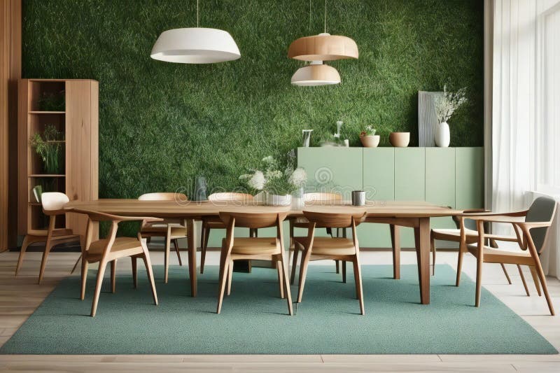 Modern Dining Room Interior with Wooden Table, Chairs, Greenery Wall