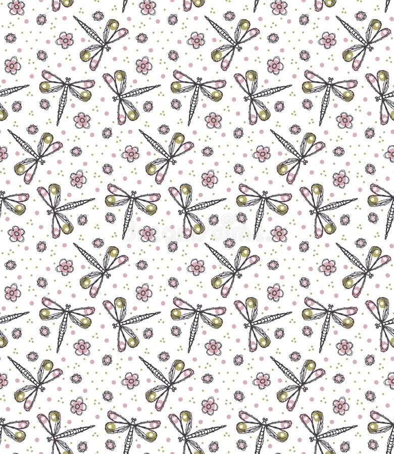 Modern Doodle Daisy Dragonfly Seamless Pattern Upprepa manuell ritad skriptblomma Kawaii Dot Blossom Bakgrund För våren och vektor illustrationer Modern Doodle Daisy Dragonfly Seamless Pattern Upprepa manuell ritad skriptblomma Kawaii Dot Blossom Bakgrund För våren och vektor illustrationer