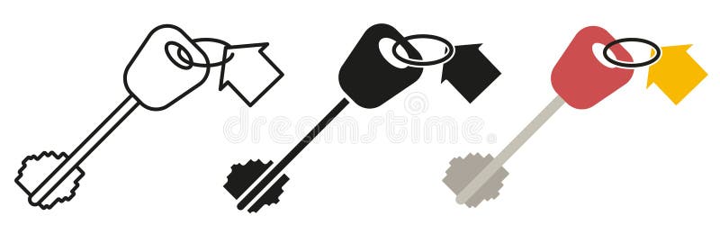 Modern door keys isolated on colored background. House keys with keychain. Illustration of a keychain with a house. EPS 10. Removals symbol vectors