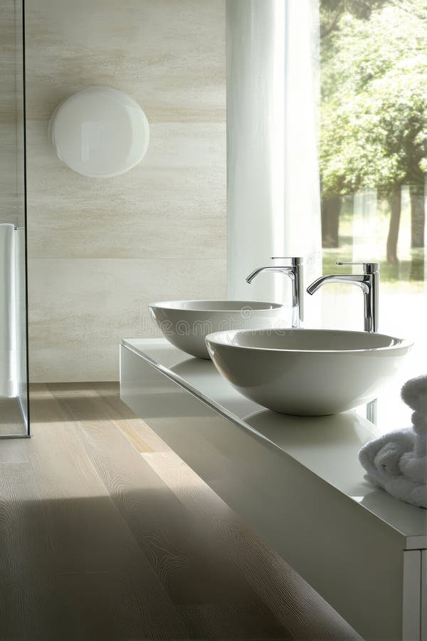 Modern Double Bathroom with White Sinks and Sleek Fixtures in a