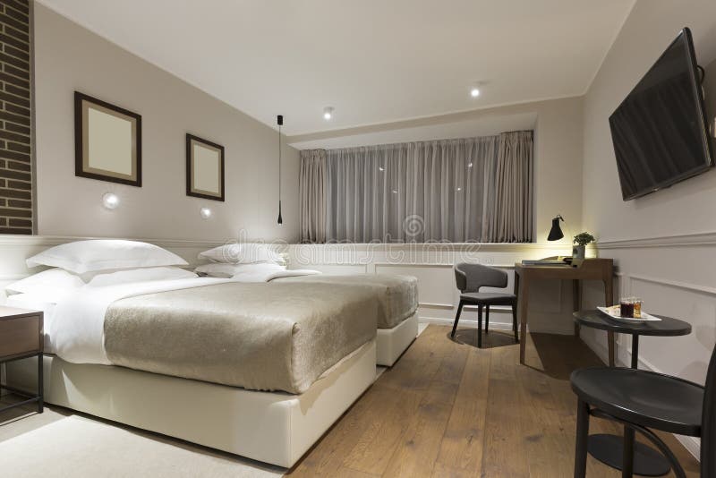 Modern Double Bed Hotel Bedroom Interior Stock Photo Image of brick, habitation 68108912