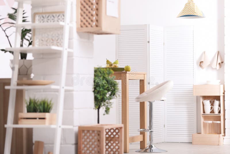 Modern eco style kitchen interior with wooden crates