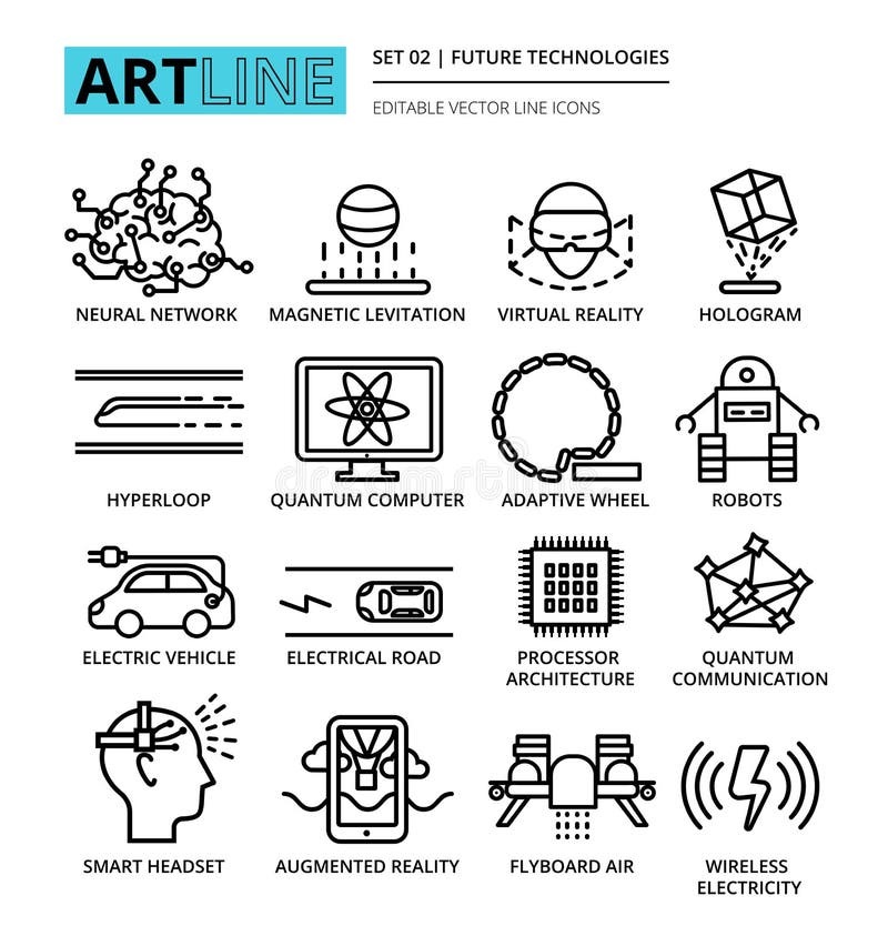 Modern editable vector line icons set of future technologies vector illustration