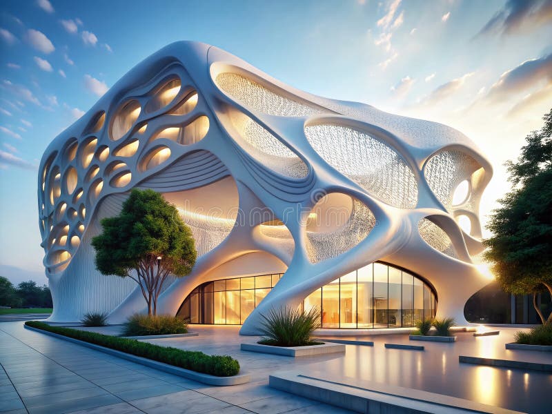 Modern ekologisk arkitektur - Futuristisk vit porös konstruktion för ett hållbart liv med innovativ royaltyfri illustrationer