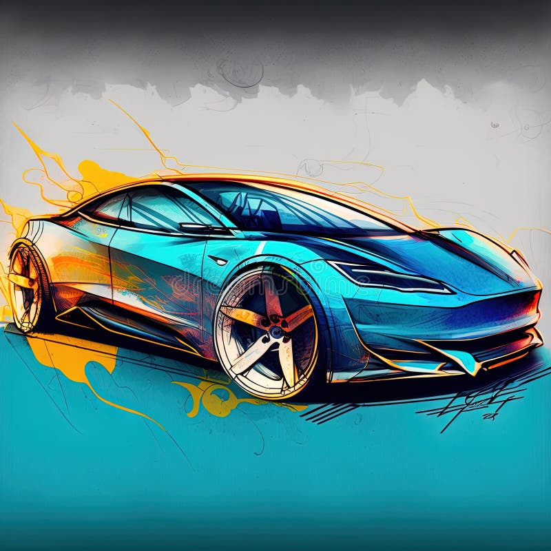 Modern Electric Car Design, Sketch. Generative AI Stock Illustration