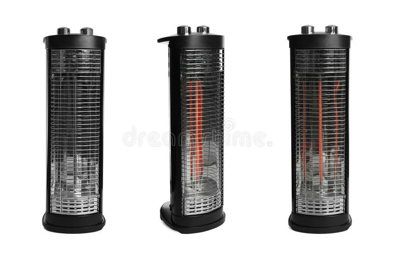 Different Modern Electric Heaters on White Background, Collage Stock