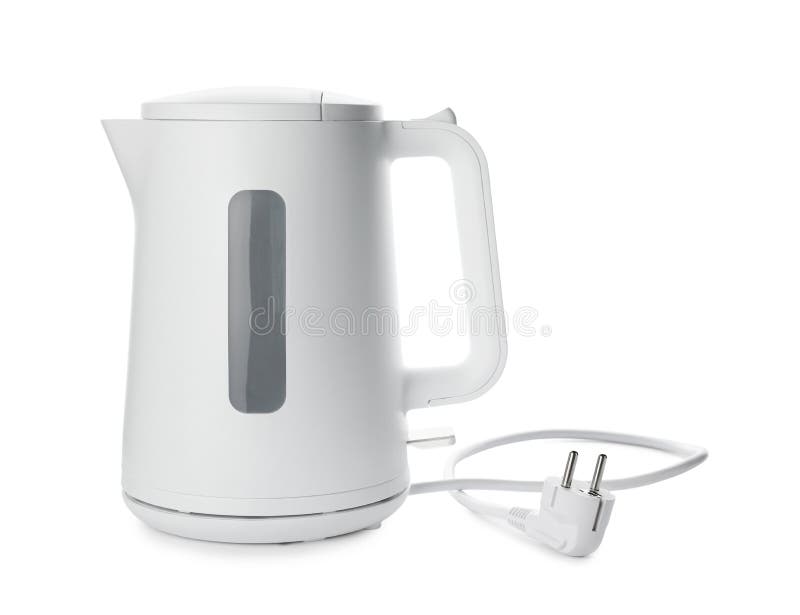Modern Electric Kettle with Base and Plug Isolated on White Stock Photo