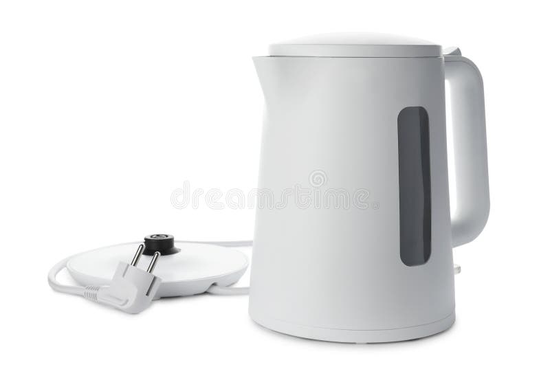 Modern Electric Kettle with Base and Plug Isolated on White Stock Photo