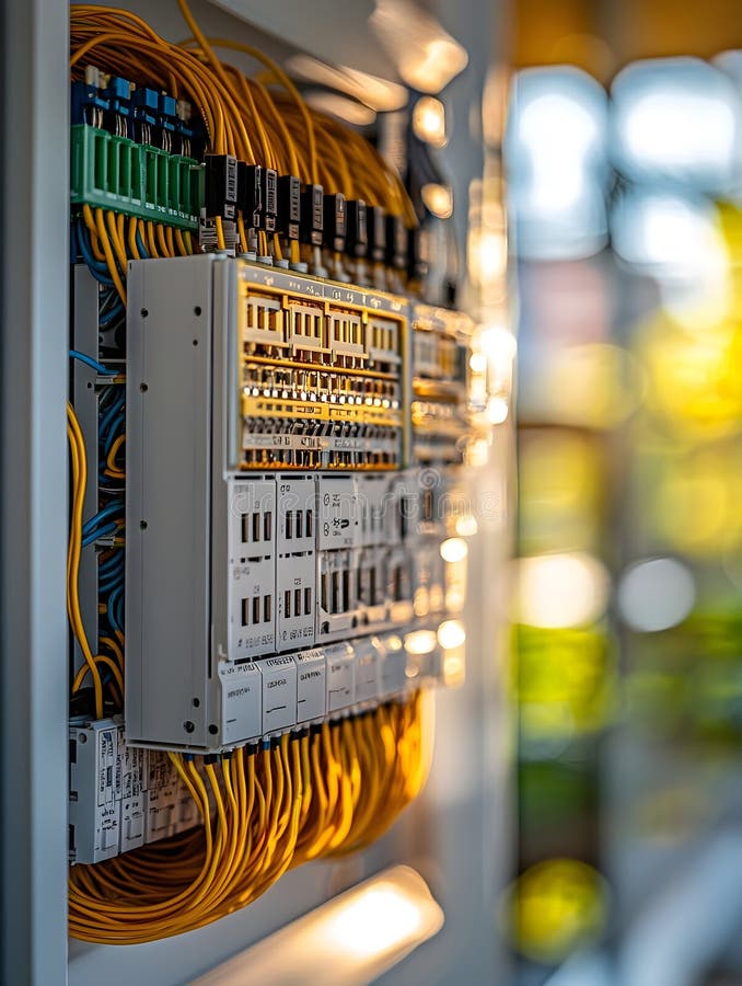 Detailed view of a functional electrical fuse box in a modern home interior. Generative AI royalty free stock images