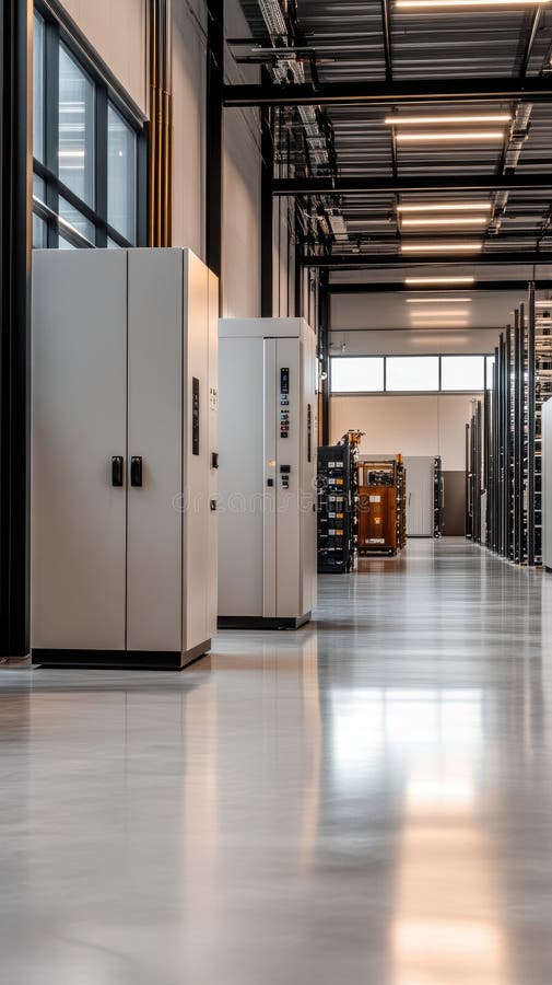 This modern electrical power panel is set in a clean, spacious factory environment showcasing advanced energy management stock photography