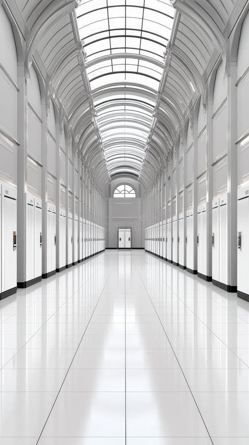 This modern electrical power panel is set in a clean, spacious factory environment showcasing advanced energy management stock photography