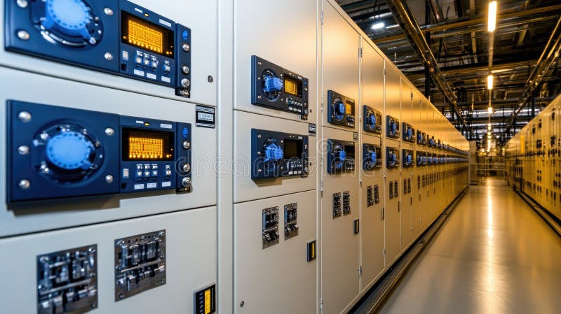 This modern electrical power panel is set in a clean, spacious factory environment showcasing advanced energy management stock images