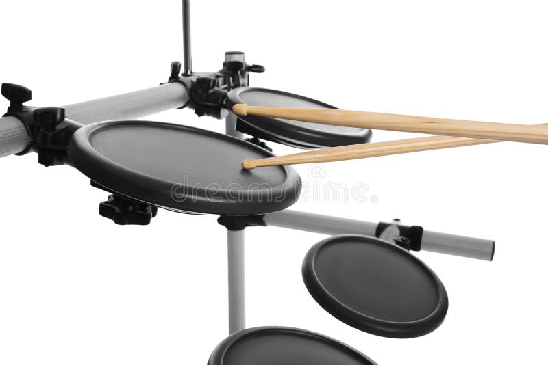 Modern Electronic Drum Kit with Sticks on White Background. Music