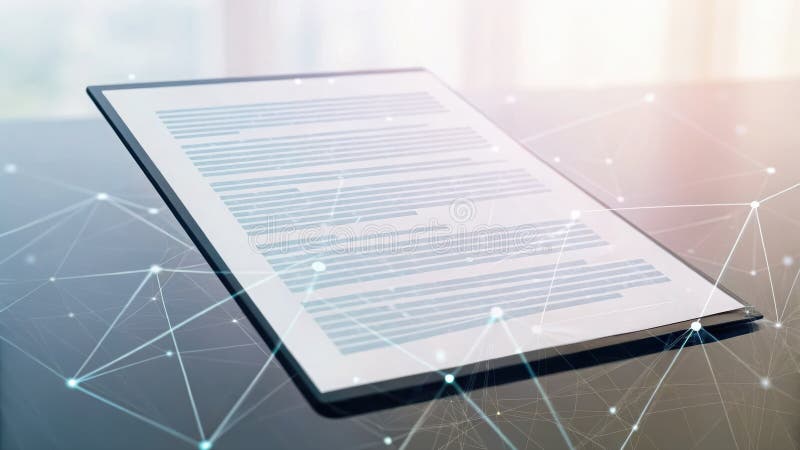 Modern electronic tablet device with a digital document display on a sleek surface, surrounded by futuristic network lines and vector illustration