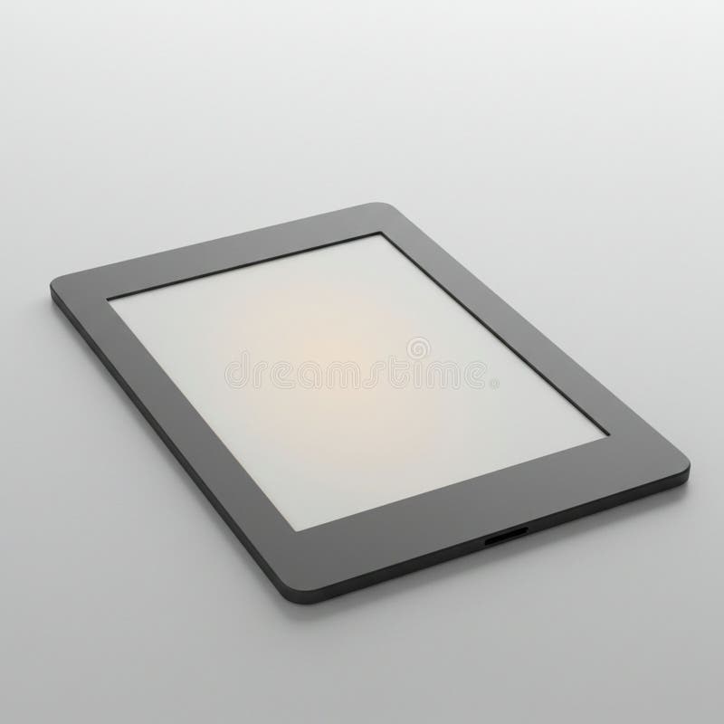 A modern electronic tablet rests on a smooth surface. It features a sleek, dark gray stock illustration