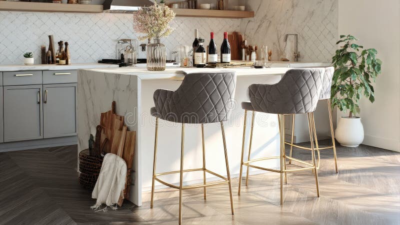 Modern elegant kitchen with marble island, grey bar stools, and warm decor vector illustration