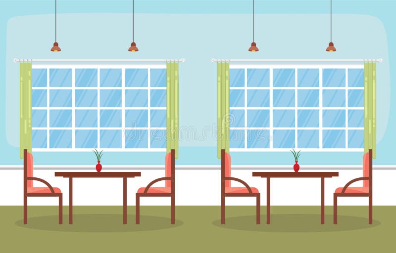 Modern Empty Cafe Restaurant Interior Furniture Flat Vector Illustration