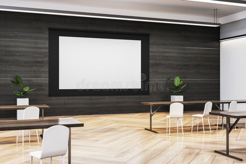 Modern empty classroom with large screen for presentation. 3D Rendering vector illustration