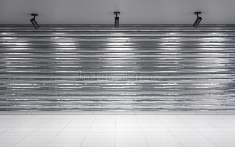 Modern Emty White Studio with Metal Steel Wall Gate and Spot Lights 3d Render Illustration Stock