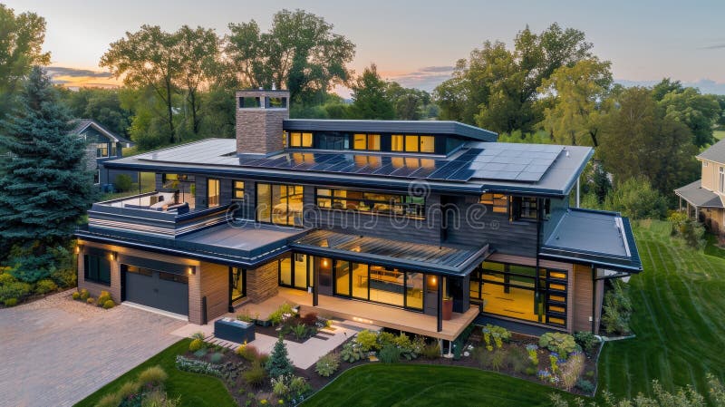 Modern Energy-Efficient Home with Solar Panels and Advanced Roof Insulation Design for Sustainability royalty free stock photography