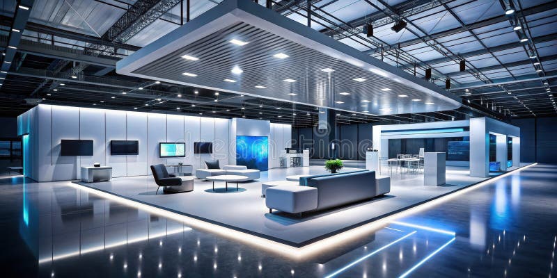 Modern exhibition stand design sleek minimalist booth with integrated technology and comfortable seating area. Generative AI stock illustration