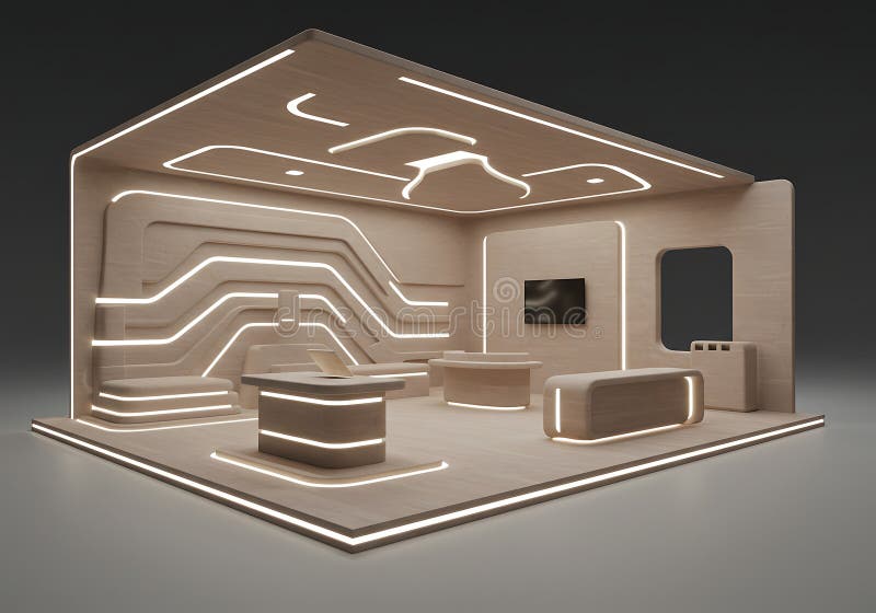 Modern exhibition stand design with wooden textures and light elements rendering stock illustration