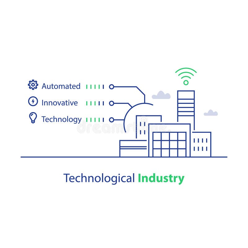 Modern fabriksbyggnad, teknologisk bransch, automatiserad produktion, smart lösning, linjär symbol för vektor royaltyfri illustrationer Modern fabriksbyggnad, teknologisk bransch, automatiserad produktion, smart lösning, linjär symbol för vektor royaltyfri illustrationer