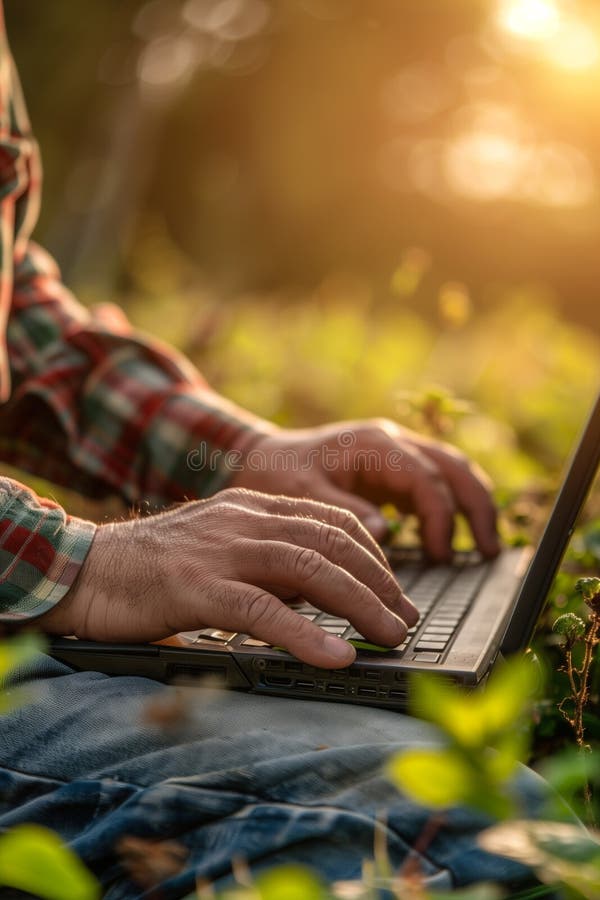 Modern farmer using a laptop computer with blurred background royalty free stock image