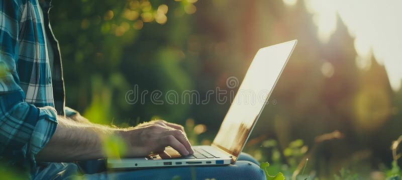 Modern farmer using a laptop computer with blurred background stock photography