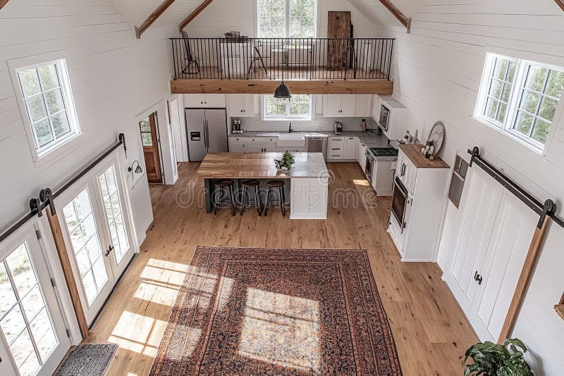 Modern farmhouse interior design featuring open living space with kitchen and loft royalty free illustration