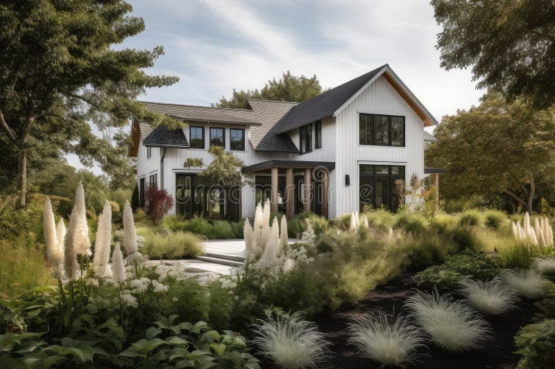 Modern Farmhouse Surrounded by Lush Greenery and a Clear Blue Sky Stock