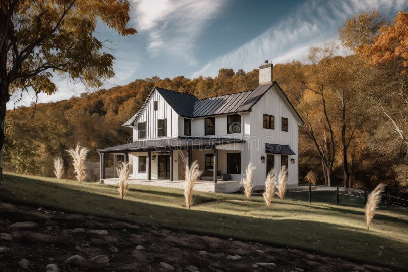 Modern Farmhouse Surrounded by Rolling Hills and Scenic Pastures Stock