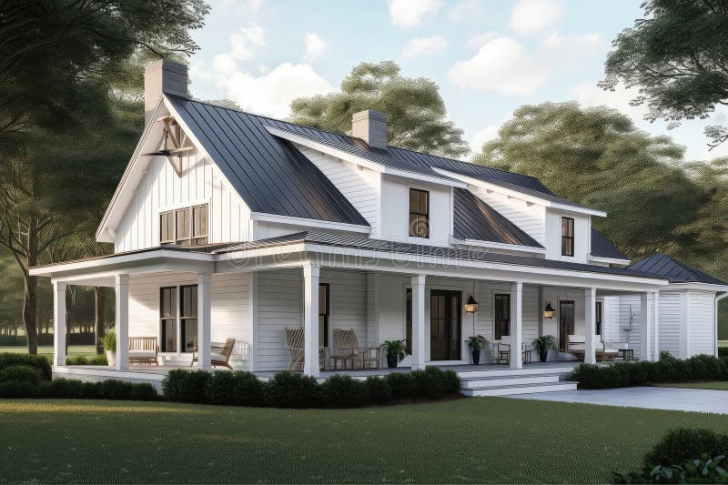 Modern Farmhouse With Wrap Around Porch And Shabby Chic Exterior Stock