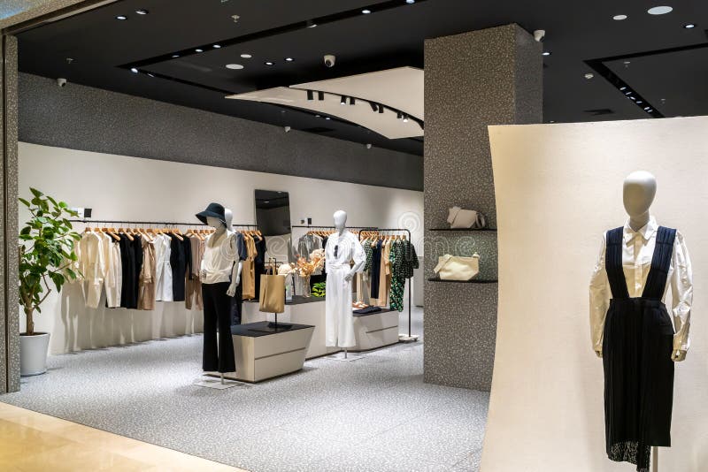 Modern Fashion Store Front in Downtown Shopping Mall Stock Photo